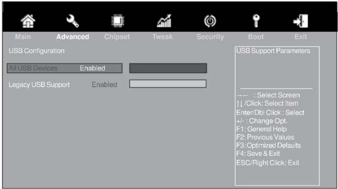 Main Advanced Chipset Tweak Security Boot Exit USB Configuration All USB Devices Enabled Legacy USB Support Enabled USB Support Parameters → : Select Screen ↑/Click: Select Item Enter/Dbl Click : Select +/- : Change Opt. F1: General Help F2: Previous Values F3: Optimized Defaults F4: Save & Exit ESC/Right Click: Exit