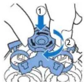 Diagram showing two hands operating a blue mechanical device with labeled parts and directional arrows indicating motion or sequence.