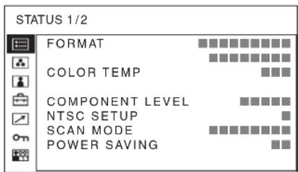 STATUS 1/2 FORMAT COLOR TEMP COMPONENT LEVEL NTSC SETUP SCAN MODE POWER SAVING
