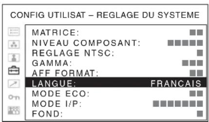 CONFIG UTILISAT - REGLAGE DU SYSTEME MATRICE: NIVEAU COMPOSANT: REGLAGE NTSC: GAMMA: AFF FORMAT: LANGUE: FRANCAIS MODE ECO: MODE I/P: FOND: