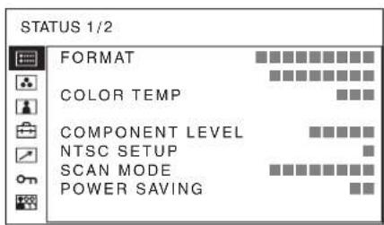 STATUS 1/2 FORMAT COLOR TEMP COMPONENT LEVEL NTSC SETUP SCAN MODE POWER SAVING