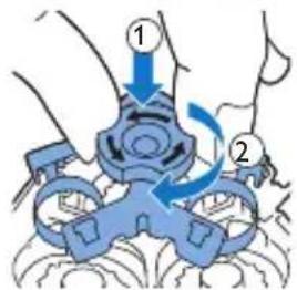Diagram showing a blue mechanical device with labeled parts and directional arrows indicating motion or assembly.