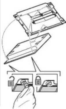 Diagram illustrating a hand holding a lock mechanism with labeled components and directional arrows indicating process flow.