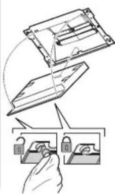 Diagram illustrating a hand holding a device with lock symbols, showing internal components and assembly steps.