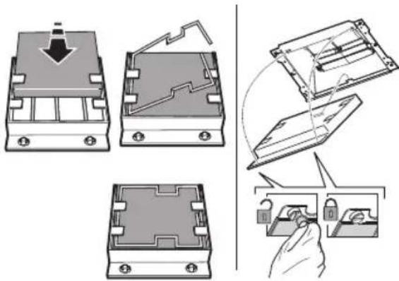 Technical diagram illustrating the assembly of a device into a housing, with labeled components and a hand holding a lock.