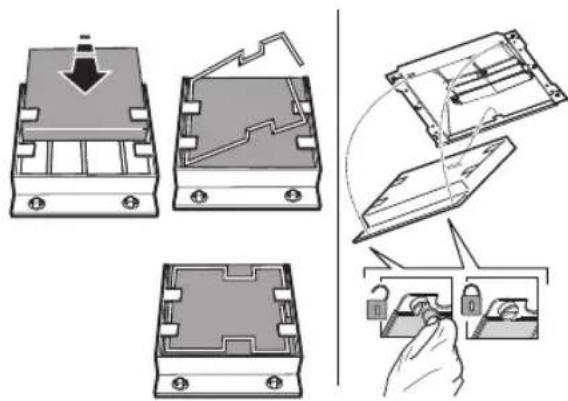 Technical diagram illustrating the assembly of a device with labeled components and a hand holding a lock mechanism.