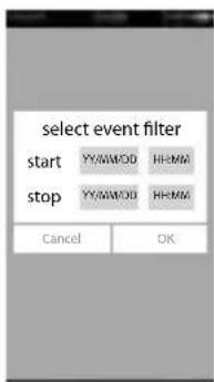 select event filter start YY/MM/DD HH/MM stop YY/MM/DD HH/MM Cancel OK