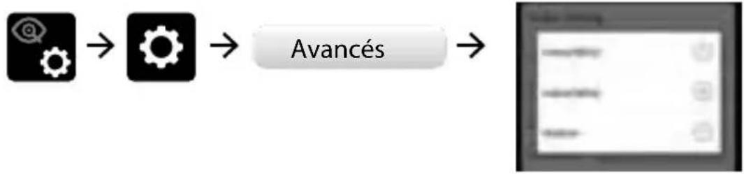 graph LR A["Gear Icon"] --> B["Gear Symbol"] B --> C["Avancés Button"] C --> D["Output Display Screen"]