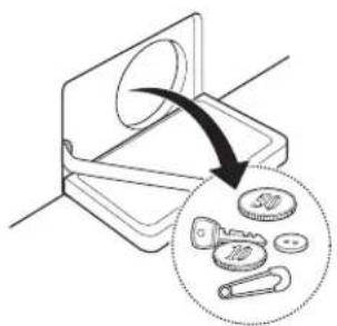 Diagram showing a mechanical component being inserted into a slot, with an arrow indicating the direction and a magnified inset showing key components.