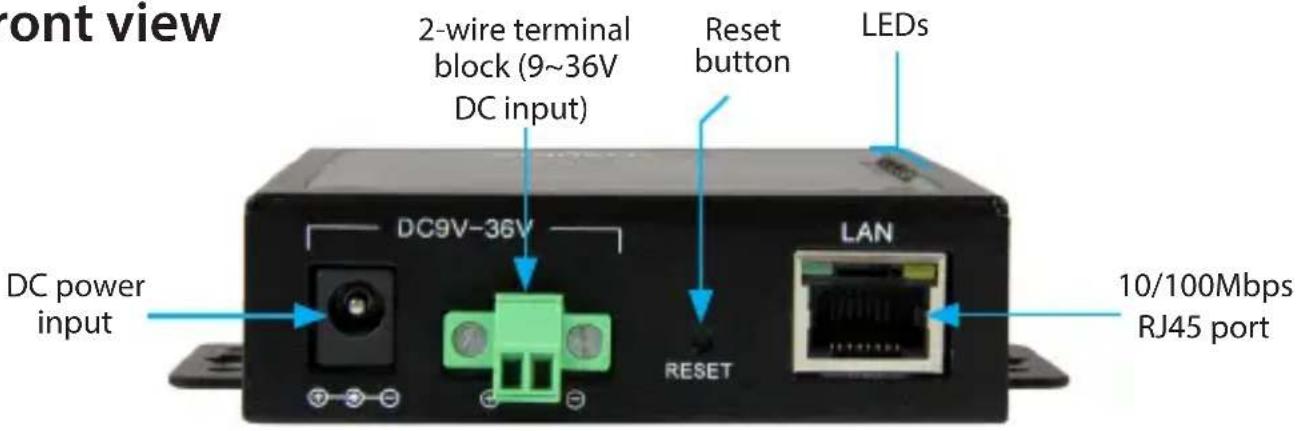 front view 2-wire terminal block (9~36V DC input) Reset button LEDs DC power input DC9V-36V LAN RESET 10/100Mbps RJ45 port