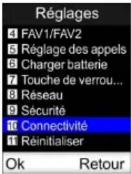 Réglages 4 FAV1/FAV2 5 Réglage des appels 6 Charger batterie 7 Touche de verrou... 8 Réseau 9 Sécurité 10 Connectivité 11 Réinitialiser Ok Retour