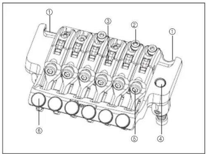 Technical diagram of a mechanical component with numbered parts labeled ① through ⑥