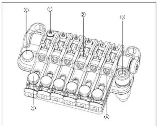 Technical diagram of a mechanical component with numbered parts labeled ① through ⑥