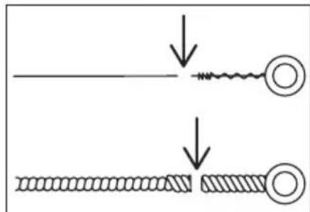 Diagram showing two stages of a cable or wire connection, with arrows indicating direction of movement.