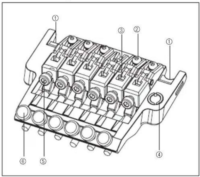 Technical diagram of a mechanical component with numbered parts labeled ① through ⑥