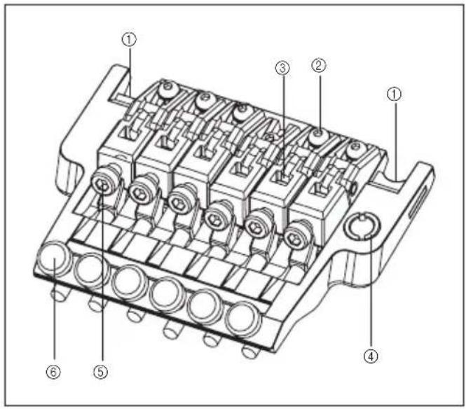 Technical diagram of a mechanical component with numbered parts labeled ① through ⑥
