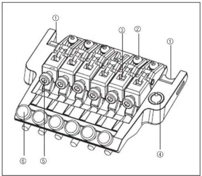 Technical diagram of a mechanical component with numbered parts labeled ① through ⑥
