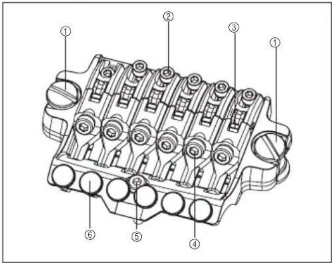 Technical diagram of an internal combustion engine component with numbered parts labeled ① to ⑥.