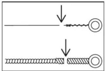 Diagram showing two stages of a coiled spring or wire wound operation, with arrows indicating direction of movement.