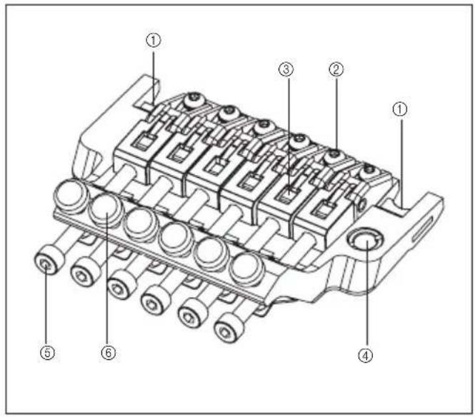 Technical diagram of a mechanical component with numbered parts labeled ① to ⑥