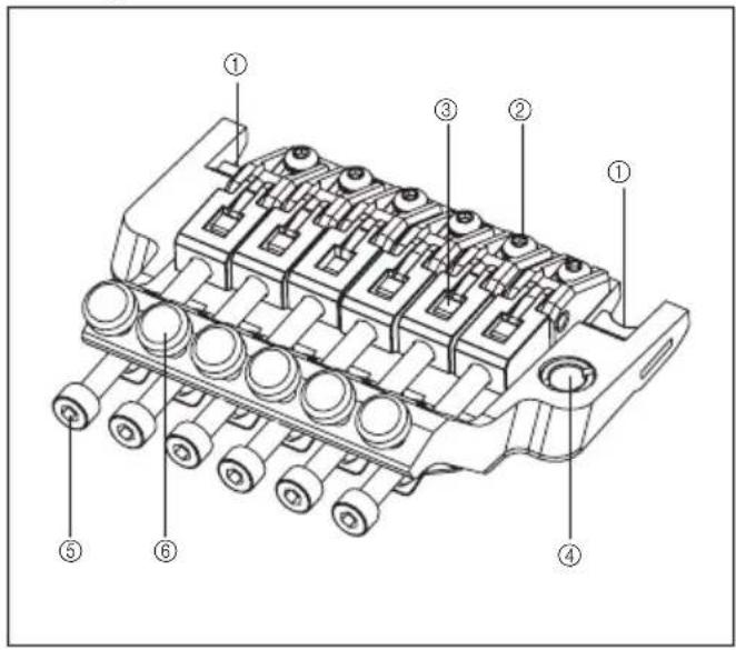 Technical diagram of a mechanical component with numbered parts labeled ① through ⑥