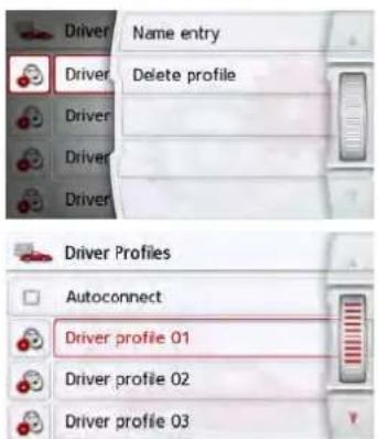 Driver Name entry Driver Delete profile Driver Driver Driver Driver Profiles Autoconnect Driver profile 01 Driver profile 02 Driver profile 03