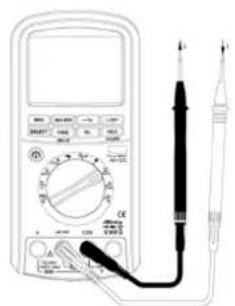 Diagram of a multimeter with labeled components including a digital display, analog dial, and probe connections
