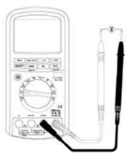 Diagram of a multimeter connected to a probe, showing dial and probe connections with measurement ranges