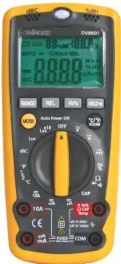 dWC %RH DVM601 88-AH-100A AUTO -+HOLD REL -8800 AC RANGE REL H2% HOLD MODE Auto Power Off x10 OFF Lux OFF °C/°F ROOM Lux mV dSC °C 10A CAP 10A mA V HOS Q CAT Temp CE CAT OF 600V CAT IN 1000V μA mA PUSED COM