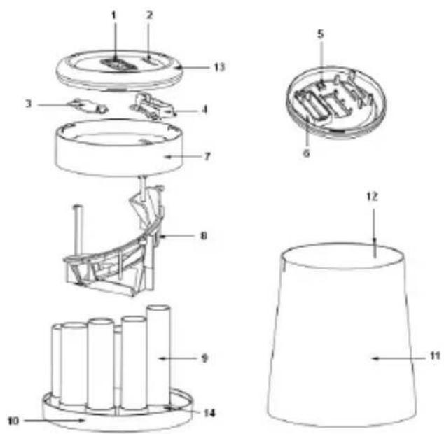 Technical diagram of a mechanical assembly with numbered components, including a conical container and internal components.