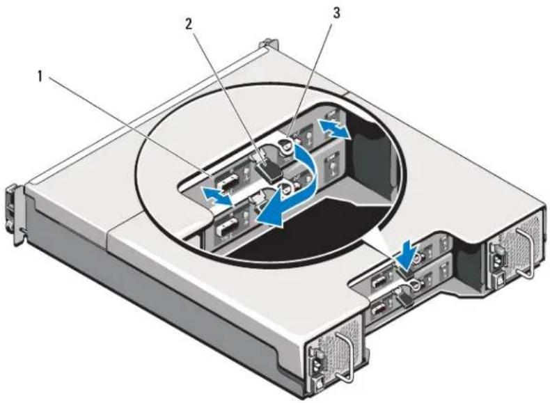 Diagram of a computer drive showing internal components with numbered labels and blue directional arrows indicating rotation or movement.