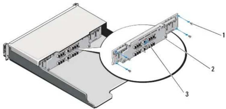 Diagram of a server rack with labeled components and connection points, showing internal structure and cable routing.