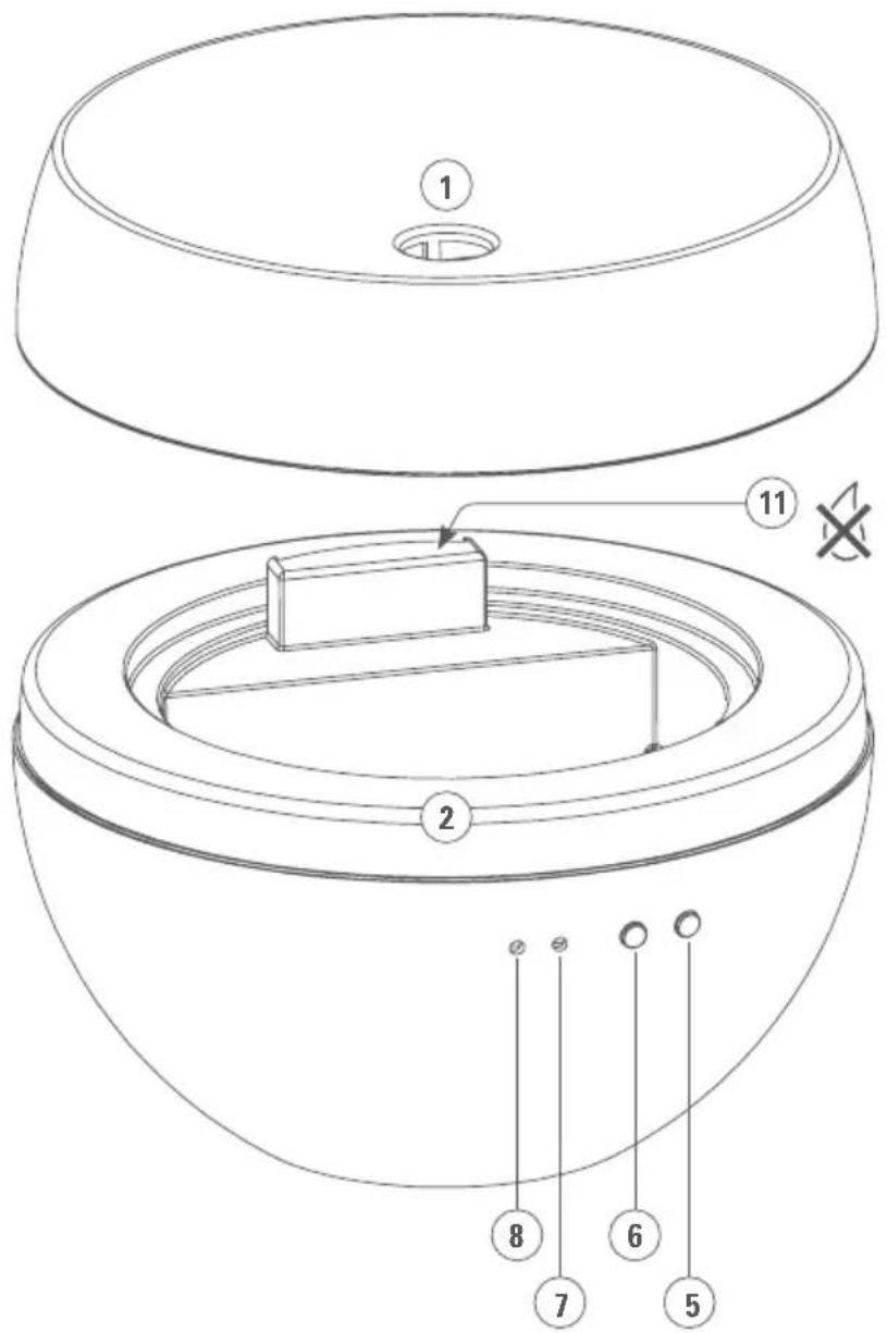 Technical diagram of a mechanical component with numbered parts and a warning symbol