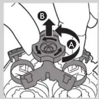 Diagram showing mechanical assembly with labeled parts A and B, indicating a rotating mechanism or motion path.