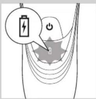Diagram illustrating battery charging with a lightning bolt icon and power button, showing charging path and signal waveform