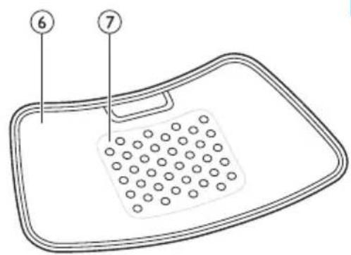 Diagram of a food tray with labeled parts, showing a grid and handle structure