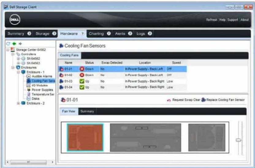 Dell Storage Client Refresh | Help | Support | About Summary Storage Hardware Charting Aerts Logs Storage Center 64562 Controllers SN 64562 SN 64563 Enclosures Enclosure - 1 Audible Alarms Cooling Fan Sens VO Modules Power Supplies Temperature Ser Diska Enclosure - 2 Cooling Fan Sensors Name Status Swap Detected Location Speed 01-01 Down No In Power Supply - Back Left Off 01-02 Down No In Power Supply - Back Left Off 01-03 Up No In Power Supply - Back Right Low 01-04 Up No In Power Supply - Back Right Low 01-01 Request Swap Clear Replace Cooling Fan Sensor Fan View Summary