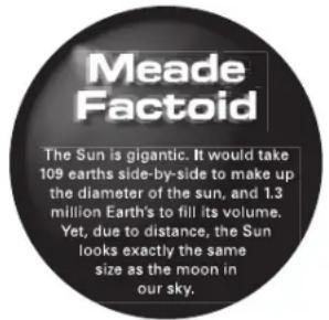 Meade Factoid The Sun is gigantic. It would take 109 earths side-by-side to make up the diameter of the sun, and 1.3 million Earth's to fill its volume. Yet, due to distance, the Sun looks exactly the same size as the moon in our sky.