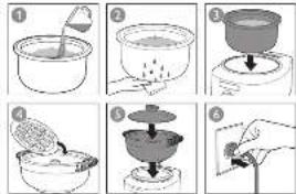 Six-step cooking process diagram showing steps from mixing to pouring into a bowl, with labeled illustrations.