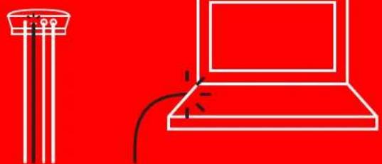 Simple line drawing of a column and a laptop on red background (no text or symbols)