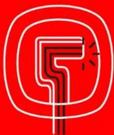 Abstract red and white geometric logo with curved lines and a starburst (no text or symbols)
