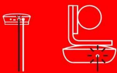 Two white line drawings of bathroom fixtures on a red background: a toilet and a toilet with shower (no text or symbols)