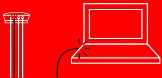Simple line drawing of a column and a laptop on red background (no text or symbols).