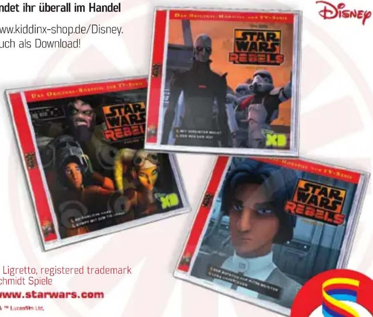 ndet ihr überall im Handel www.kiddinx-shop.de/Disney. uch als Download! Das Original-Release for TV-Sales STAR WARS REBELS LIGRETTO, registered trademark schmidt Spiele www.starwars.com © 1st Lucasfilm Ltd. DISNEY