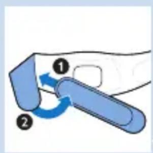 Diagram showing a hand holding a blue object with two labeled arrows indicating motion or movement, numbered 1 and 2.