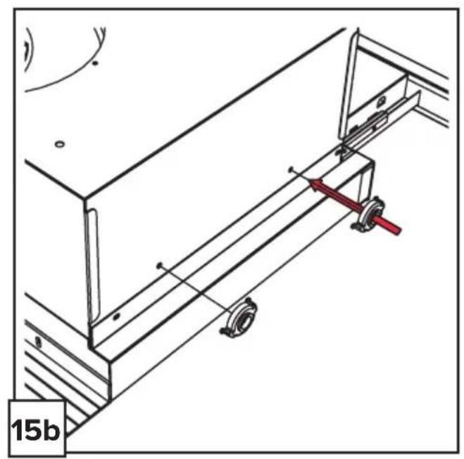 Technical line drawing of a mechanical assembly with a red-handled lever and mounting bracket (no text or symbols)