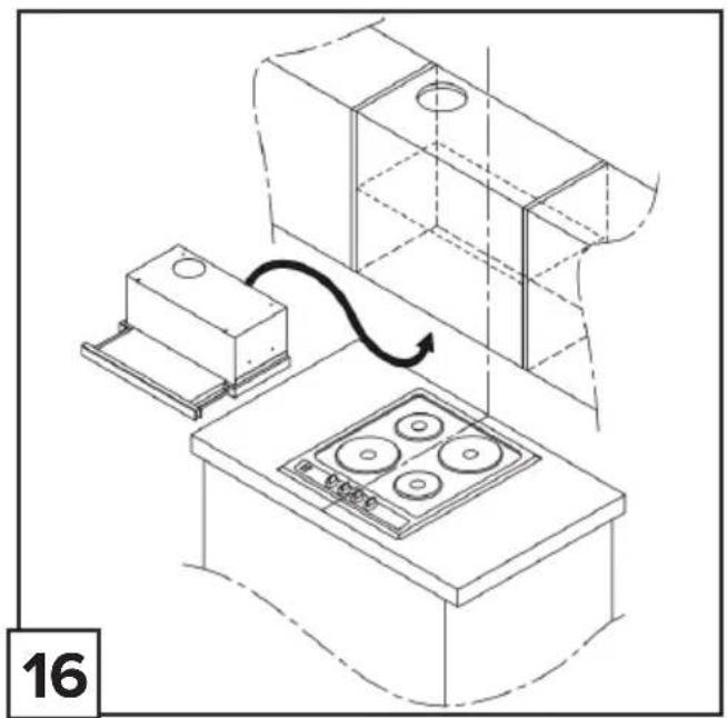 Line drawing of a kitchen appliance setup with a stove and a cabinet, showing a curved arrow indicating rotation (no text or symbols)