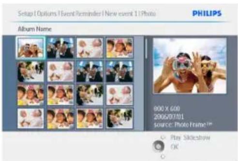 Setup | Options | Event | Reminder | New event 1 | Photo PHILIPS Album Name 900 X 600 2006/07/01 source: Photo Frame™ Play Skioshow OK