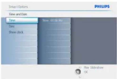 Setup Options PHILIPS Time and Date Time Date Show click Time 01:00 AM Play Slideshow OK