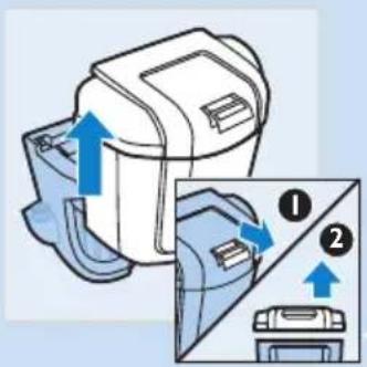 Diagram showing a device with blue arrows indicating directional movement, labeled with numbers ① and ②.